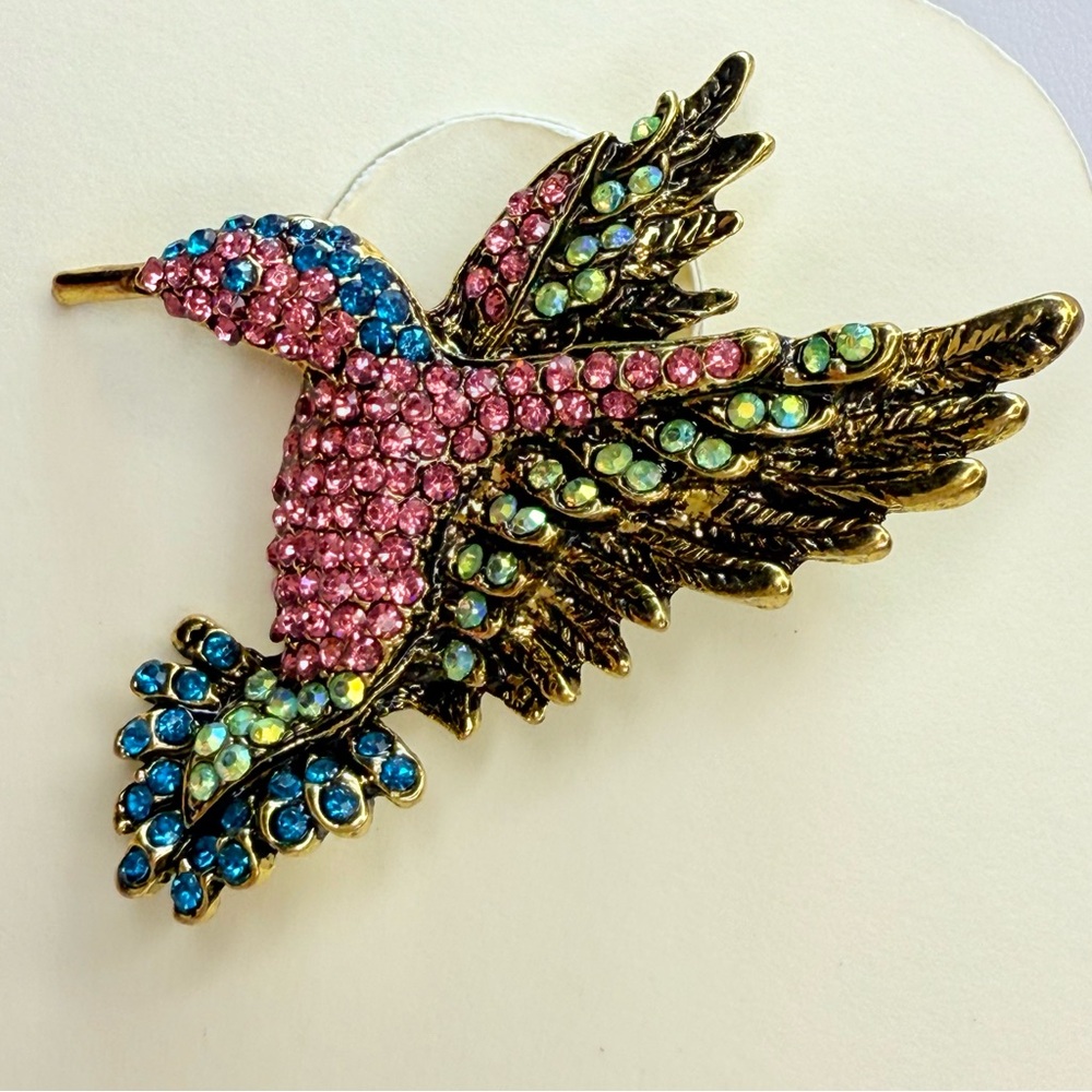 Colorful Betsey Johnson Crystal Hummingbird Brooch EUC